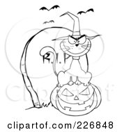 Poster, Art Print Of Coloring Page Outline Of A Cat Wearing A Witch Hat And Sitting On A Pumpkin By A Tombstone