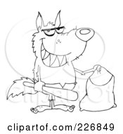 Poster, Art Print Of Coloring Page Outline Of A Werewolf Holding A Bat And Trick Or Treat Bag