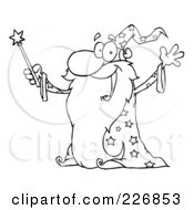 Poster, Art Print Of Coloring Page Outline Of An Old Wizard In A Star Robe Holding Up His Wand