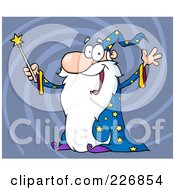 Royalty Free RF Clipart Illustration Of A Jolly Old Wizard In A Star Robe Holding Up His Wand Over Blue Swirls by Hit Toon