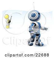 Yellow Man Inventor Operating An Blue Robot With A Remote Control