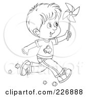 Poster, Art Print Of Coloring Page Outline Of A Boy Running With A Pinwheel