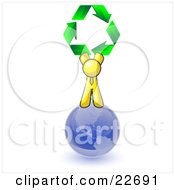 Yellow Man Standing On Top Of The Blue Planet Earth And Holding Up Three Green Arrows Forming A Triangle And Moving In A Clockwise Motion Symbolizing Renewable Energy And Recycling