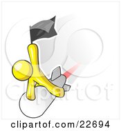 Clipart Illustration Of A Yellow Man Waving A Flag While Riding On Top Of A Fast Missile Or Rocket Symbolizing Success