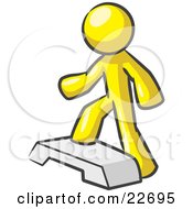 Clipart Illustration Of A Yellow Man Doing Step Ups On An Aerobics Platform While Exercising