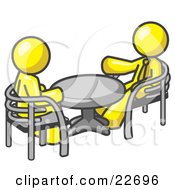Poster, Art Print Of Two Yellow Business Men Sitting Across From Eachother At A Table During A Meeting