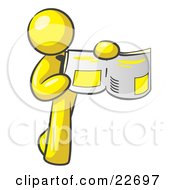 Clipart Illustration Of A Yellow Man Holding Up A Newspaper And Pointing To An Article by Leo Blanchette