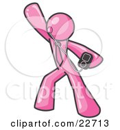 Clipart Illustration Of A Pink Man Dancing And Listening To Music With An MP3 Player
