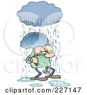 Grumpy Toon Guy Getting Rained On And Walking Under An Umbrella