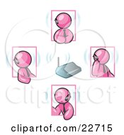 Group Of Four Pink Men Holding A Phone Meeting And Wearing Wireless Bluetooth Headsets by Leo Blanchette