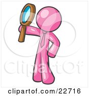 Clipart Illustration Of A Pink Man Holding Up A Magnifying Glass And Peering Through It While Investigating Or Researching Something