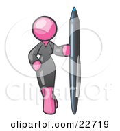 Clipart Illustration Of A Pink Woman In A Gray Dress Standing With One Hand On Her Hip Holding A Huge Pen