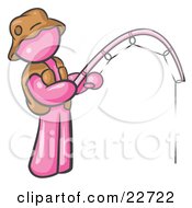 Clipart Illustration Of A Pink Man Wearing A Hat And Vest And Holding A Fishing Pole