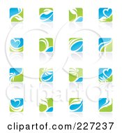 Poster, Art Print Of Green Blue And White Botanical Logo Icons And Reflections