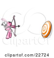 Clipart Illustration Of A Pink Man Aiming A Bow And Arrow At A Target During Archery Practice
