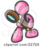 Clipart Illustration Of A Pink Man Bending Over To Inspect Something Through A Magnifying Glass