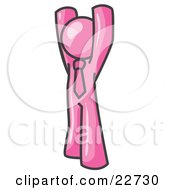Pink Man Standing With His Arms Above His Head
