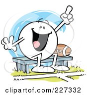 Moodie Character Sitting By A Football On A Bench And Cheering