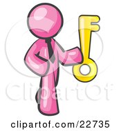 Pink Businessman Holding Up A Large Golden Skeleton Key
