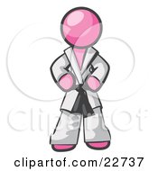 Tough Pink Man In A White Karate Suit And A Black Belt Standing With His Hands On His Hips