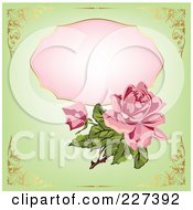 Royalty Free RF Clipart Illustration Of A Pink Rose Over A Pink Framce On Green With Golden Corner Borders by Eugene #COLLC227392-0054