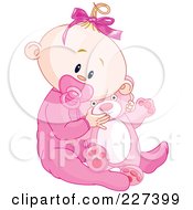 Poster, Art Print Of Cute Baby Girl In Pajamas Sucking On A Pacifier And Holding A Teddy Bear