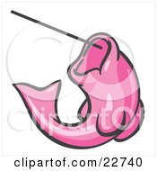 Clipart Illustration Of A Pink Fish Jumping Up And Biting A Hook On A Fishing Line