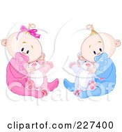 Cute Baby Twins In Pajamas Sucking On Pacifiers And Holding Teddy Bears
