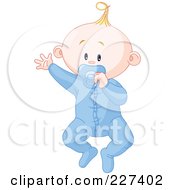 Poster, Art Print Of Cute Baby Boy In Pajamas Waving And Sucking On A Pacifier