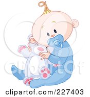 Poster, Art Print Of Cute Baby Boy In Pajamas Sucking On A Pacifier And Holding A Teddy Bear