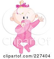 Poster, Art Print Of Cute Baby Girl In Pajamas Waving And Sucking On A Pacifier