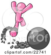 Pink Man Jumping For Joy While Breaking Away From A Ball And Chain Symbolizing Freedom From Debt Or Divorce