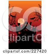 Poster, Art Print Of Silhouetted Haunted House Under Bats Bare Trees And A Red Sky