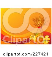 Poster, Art Print Of Autumn Background Of Wheat Leaves Berries Corn And Pumpkins On Orange With Waves