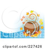 Oktoberfest Background Of A Beer Keg With Autumn Leaves Over A Blue Diamond Pattern And White