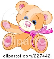 Poster, Art Print Of Cute Teddy Bear Wearing A Pink Bow And Waving
