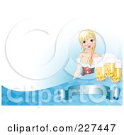 Poster, Art Print Of Sexy Beer Maiden Serving Oktoberfest Beer Over A Blank Banner Blue Diamonds And White Space