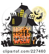 Poster, Art Print Of Haunted Mansion With Bats And A Full Moon Over Happy Halloween Text - 3