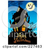 Poster, Art Print Of Haunted Mansion With Bats And A Full Moon Over Happy Halloween Text - 6