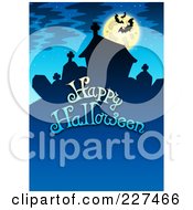 Royalty Free RF Clipart Illustration Of A Cemetery And Bats Over A Happy Halloween Greeting On Blue