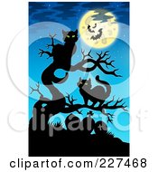 Royalty Free RF Clipart Illustration Of Two Black Cats On A Bare Tree Over Tombstones Under A Blue Sky With A Full Moon