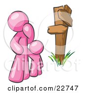 Clipart Illustration Of An Uncertain Pink Man And Child Standing At A Wooden Post Trying To Decide Which Direction To Go At A Crossroads by Leo Blanchette