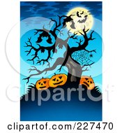 Poster, Art Print Of Bats And A Full Moon With A Bare Tree Over Jackolanterns On Blue