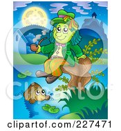 Water Sprite Sitting On A Stump And Smoking A Pipe Above A Fish