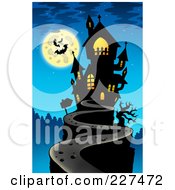 Path Leading To A Haunted Mansion On A Hilltop Under A Full Moon With Bats Over Blue