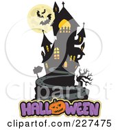 Full Moon With Vampire Bats And A Haunted Mansion Over Halloween Text