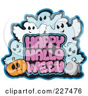 Poster, Art Print Of Happy Halloween Greeting With Ghosts A Jackolantern And Tombstone