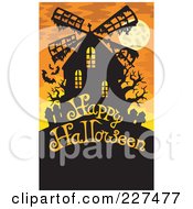 Royalty Free RF Clipart Illustration Of Happy Halloween Text Under A Haunted Windmill With Bats Over Orange