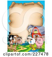 Poster, Art Print Of Cow Sheep Duck And Pig With A Barn And Silo Around An Aged Parchment Page