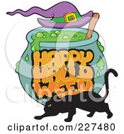 Poster, Art Print Of Happy Halloween Greeting On A Witch Cauldron With A Black Cat